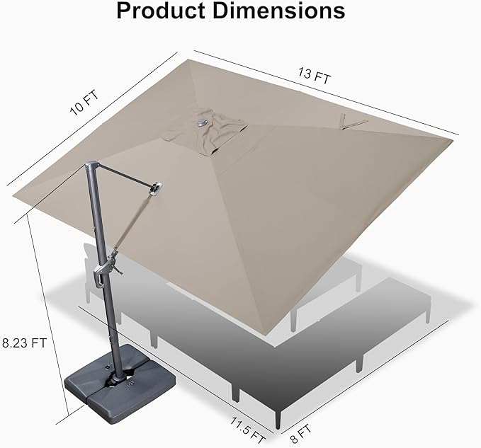 PURPLE LEAF Patio Umbrella 10' X 13' Rectangle Umbrella with Central Lights and Base Large Aluminum Outdoor Umbrellas with 360-degree Rotation & UPF40+ Fabric for Deck Pool Garden Yard, Ash Mocha