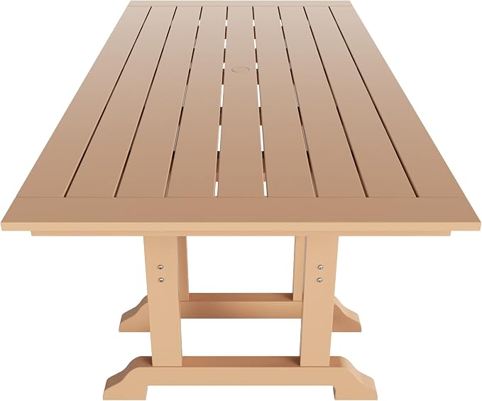 WestinTrends Malibu 6 Piece Outdoor Dining Set with Bench, All Weather Poly Lumber Patio Table and Chairs Set, 71" Trestle Dining Table with Umbrella Hole, 5 Patio Chairs with Bench, Teak