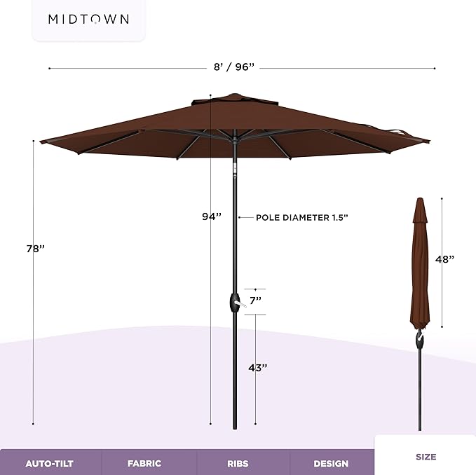 Midtown Umbrellas - The Lean 8 Ft Patio Umbrella with Fade-Resistant Sunbrella Fabric, Auto-Tilt Aluminum Frame and 8 Reinforced Ribs for Deck, Pool & Garden - Bay Brown Canopy, Black Pole