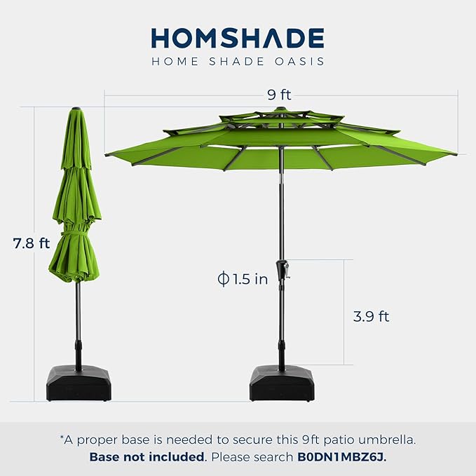 HOMSHADE 9FT 3-Tiers Outdoor Patio Umbrella with 5-Year Fade Resistant,Vented Outdoor Commercial Market Umbrella with UPF50+ UV Protection & Push Button Tilt and Crank for Pool,Backyard(Apple Green)