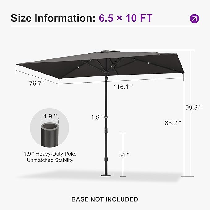 PURPLE LEAF 10' x 6.5' Rectangular Semi-Auto Outdoor Patio Umbrella Aluminium Market Umbrella Table Sun Umbrella with 1.89" Rod and 6 Sturdy Ribs for Deck Lawn Pool Garden, Gray