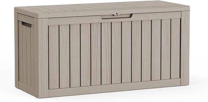 85 Gallon Outdoor Deck Box, Resin Waterproof Storage Box With Lockable Lid, UV-Resistant Multi-Purpose Outdoor Storage Bench for Patio Cushions, Garden Tools, Pool Accessories (Grey)