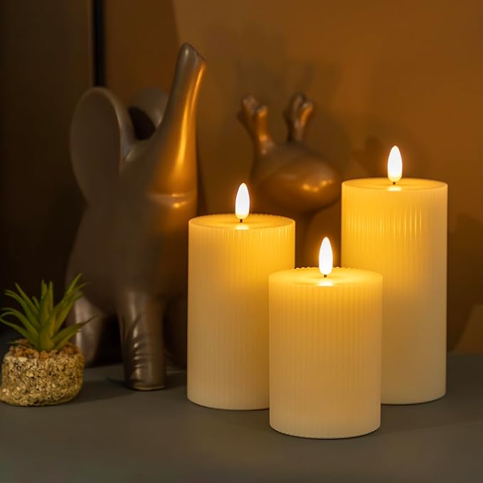 ANGELLOONG Ribbed Pillar Candles for Home Decor, Real Wax Flameless Candles with Remote, Set of 3 Battery Operated Candle, LED Electric Timer Candle for Bathroom Party Living Room Decor
