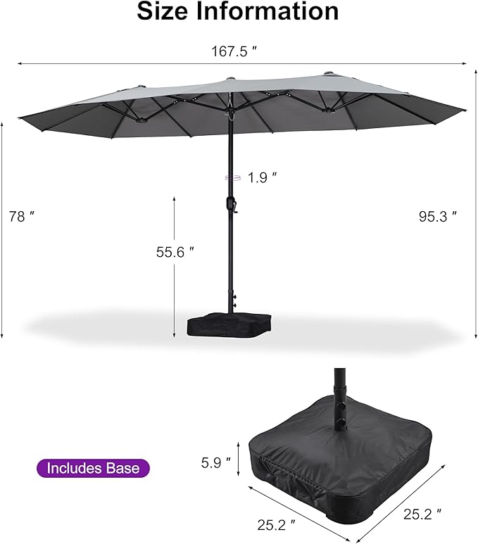 PURPLE LEAF 14ft Patio Market Umbrella with Base Double-Sided Rectangle Outdoor Table Sun Umbrellas with Crank 12 Heavy Duty Sturdy Ribs for Pool Beach Deck Backyard Light Gray