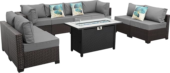 9 Pieces Wicker Patio Furniture Set Outdoor PE Rattan Sectional Conversation Sofa Set with Grey Cushions and 45 Gas fire Pit Table