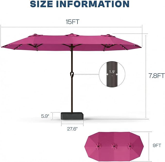 15FT Patio Umbrella with Solar Lights, Double-Sided Extra Large Outdoor Table Umbrella with Base Included, Heavy-Duty 12 Iron Ribs Market Umbrella for Garden, Pool, Backyard, Rose Pink