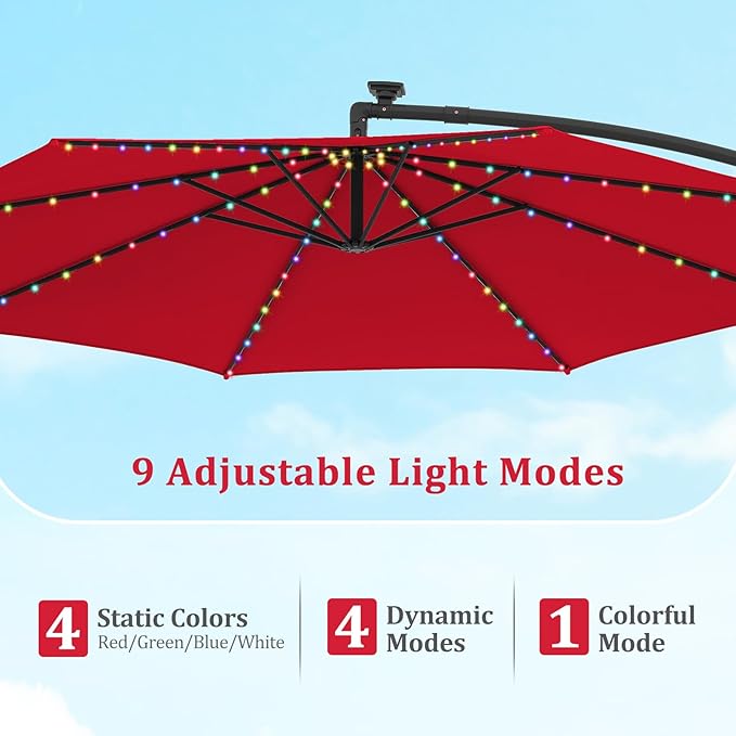 HAPPYGRILL 10 FT Offset Hanging Umbrella with Multi-Colored Flowing LED Lights, 9 Light Modes, Outdoor Patio Cantilever Umbrella with Base, Easy Tilt, 360° Rotation, Crank