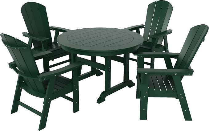 WestinTrends Malibu 5 Piece Adirondack Outdoor Dining Set, All Weather Poly Lumber Patio Table and Chairs Furniture Set, 43" Trestle Square Dining Table and 4 Adirondack Dining Chair, Dark Green