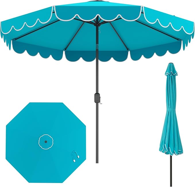 HAPPYGRILL 10 FT Patio Umbrella, Market Table Umbrella w/Crank, Push Button Tilt, Ruffled Edges, Vented Top & 8 Ribs, Outdoor Sun Shade for Poolside Backyard Beach