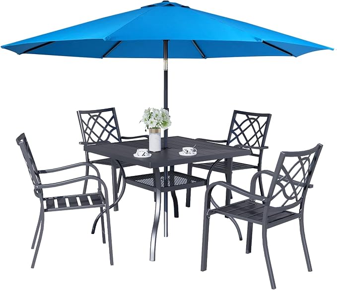 Crownland 5 Piece Patio Dining Set, 4 Stackable Metal Chairs and Square Outdoor Dining Table with 9FT Sky Blue Round Outdoor Umbrella (Metal Tabletop)