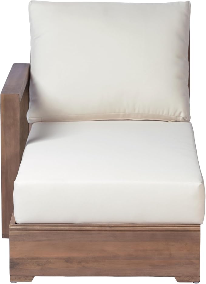 Christopher Knight Home L-Shaped Outdoor Patio Sectional Sofa Set, 3-Seater Acacia Wood Floor Seating Patio Couch with Cushions, Modular Outdoor Patio Furniture for Backyard Porch Deck, Beige+Brown