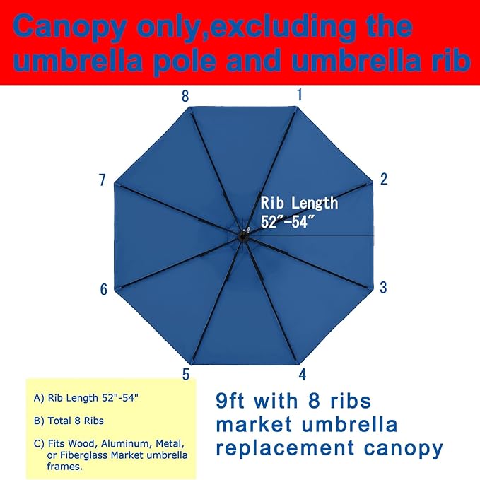 Patio Umbrella 9 ft Replacement Canopy for 8 Rib，Patio Umbrella Replacement Canopy Market Umbrella Top Fit Outdoor Umbrella Canopy（Only the top cover）