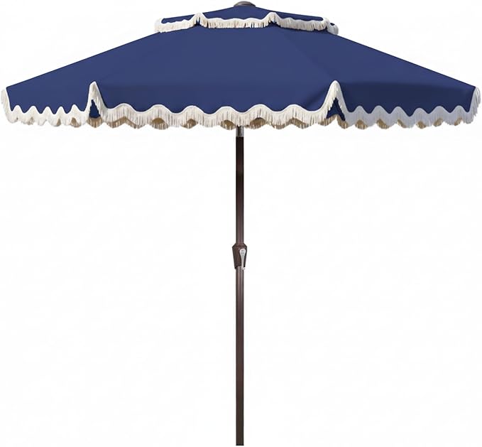 9FT Patio Umbrella with Fringe,Tassel Umbrella with Push-Button Tilt | UPF 50+ & Rust-Resistant Fiberglass Frame for Patio, Pool,Garden,Yard(Navy)