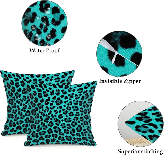 22x22 Inch Outdoor Pillow Covers Set of 2 Waterproof Throw Pillow Covers Decorative Couch Cushion Covers Leopard Print Turquoise Square Pillowcases Protectors for Patio Garden Sofa