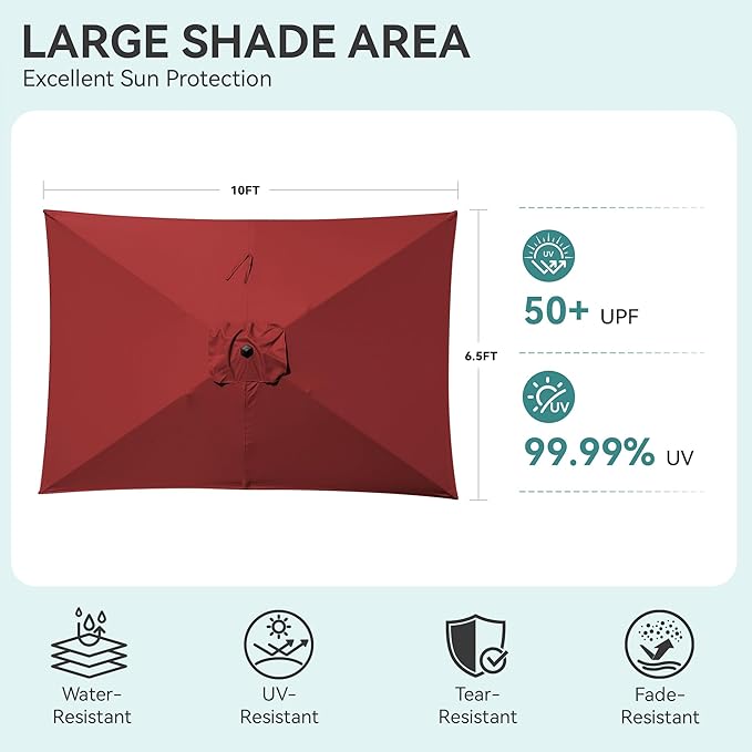 HASLE OUTFITTERS 6.5 x 10 ft Rectangular Patio Umbrella, Outdoor Table Umbrella with Crank & Push Button Tilt, Heavy Duty Ribs, for Patio, Backyard, Garden & Deck, Wine Red