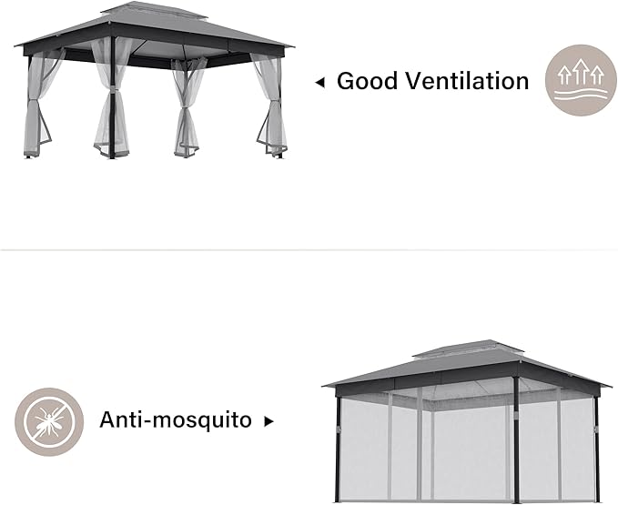 LAUSAINT HOME Patio Gazebo 10'x13', Outdoor Heavy Duty Party Tent Shelter with Double Roofs, Mosquito Nettings for Backyard, Garden, Lawn, Gray