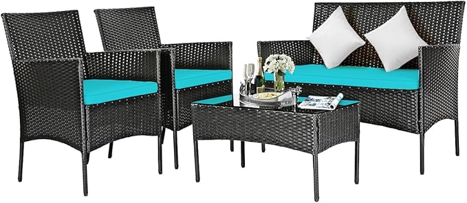 DORTALA 4 Pieces Patio Furniture Set, Rattan Conversation Set with Coffee Table & Cushions, Outdoor Wicker Sofa Set for Poolside, Backyard, Turquoise