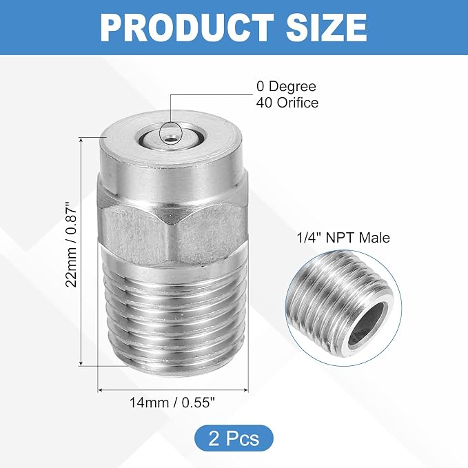 uxcell 2Pcs Pressure Washer Nozzle, Stainless Steel Thread Nozzles Tips, Universal Replacement for Undercarriage Cleaner Water Broom, 1/4 Inch NPT Male, 0 Degree 040 Orifice