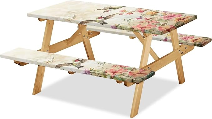 Hummingbird Picnic Table Cover with Bench Covers Elastic Fitted Water Resistant Windproof Tablecloth with Storage Bag - 94x30 Inches 3Pcs Set Patio Table Cover for Outdoor Camping Garden