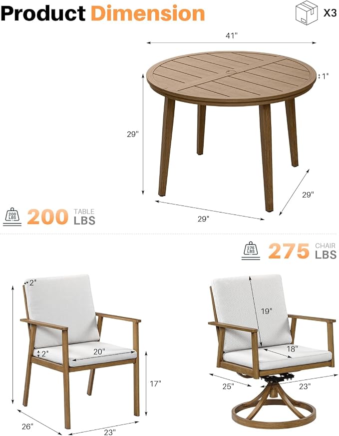 5-Piece Round Outdoor Dining Set, Never-Rust Aluminum Outdoor Table and Chairs Set, 41" Round Dining Table with 2 Swivel Dining Chairs, Modern Patio Dining Set for Garden, Deck, Yard, Teak