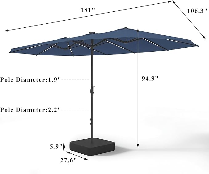 15FT Patio Umbrella with Solar Light Bar, Large Double-Sided Outdoor Table Umbrella with Base, Crank, Steel Ribs and Pole for Patio, Beach Sun Umbrellas for Backyard, Poolside, Navy Blue