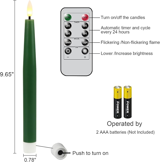 GenSwin Flameless Taper Candles with Remote Timer, Real Wax LED Flickering Candlesticks Battery Operated 3D Wick for Wedding, Party, Home(Christmas Green, 9.84", Set of 3)