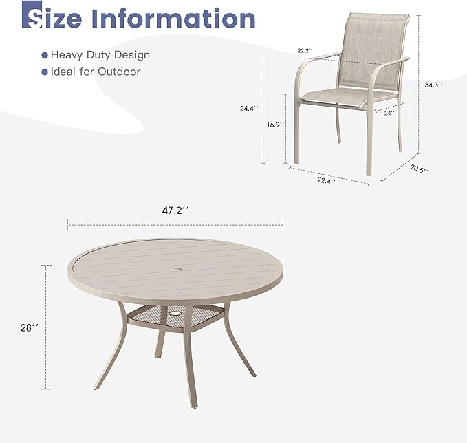 VICLLAX Round Outdoor Dining Set, Patio Table and Chairs Set Set of 6 Patio Stackable Chairs and 47" Outdoor Round Table with Umbrella Hole for Backyard Lawn Garden, Grey Chairs and Grey Table