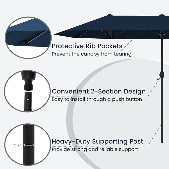 Tangkula 13 FT Large Patio Umbrella, Outdoor Double-Sided Table Market Umbrella w/Crank Handle, 12 Heavy-Duty Ribs, Sun-Protective Rectangular Twin Parasol for Garden Deck Lawn Poolside (Navy)