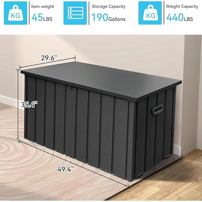 160 Gallon Waterproof Outdoor Deck Box Storage Chest in Dark Gray, Large Capacity Patio Storage for Garden Tools, Cushions, and More (190 Gallon (Dark Gray))