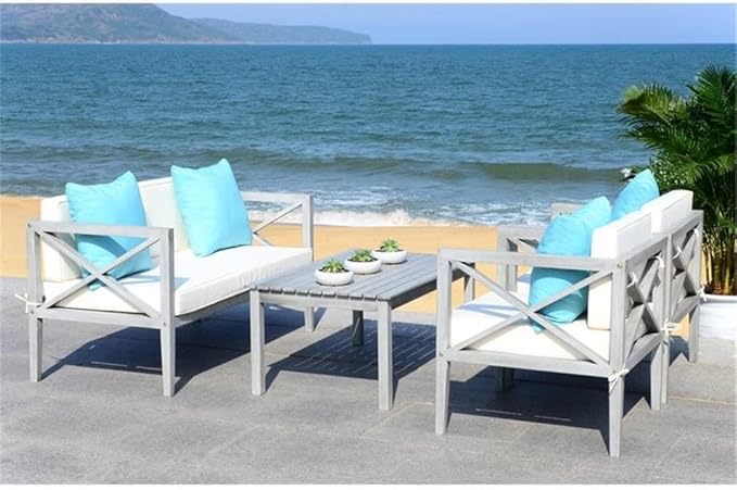 Safavieh PAT7031A Collection Nunzio Teak and White and Navy 4 Pc Accent Pillows Outdoor Set