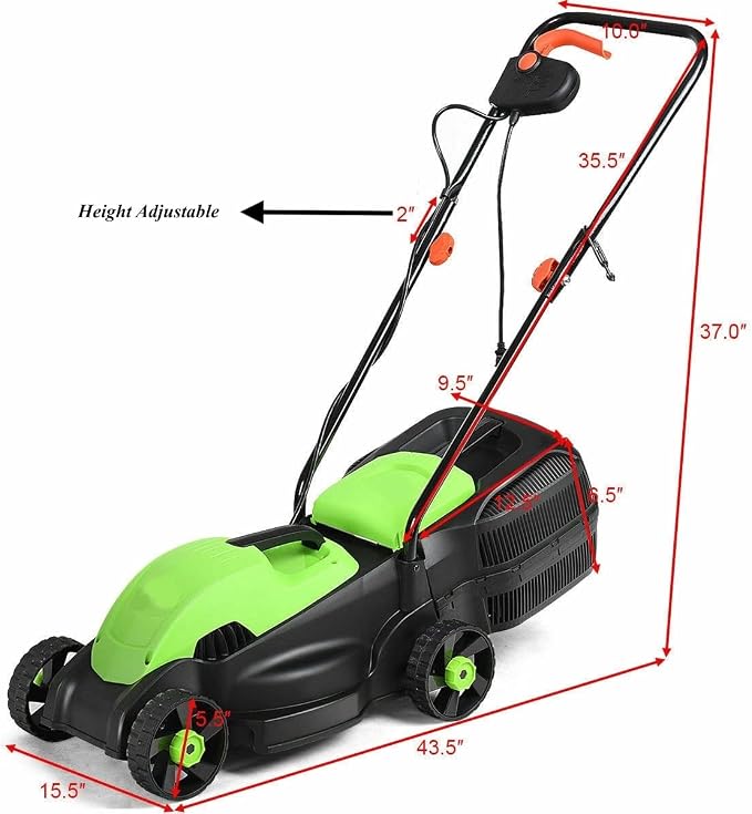 Green 12 Amp 14 Inch Corded Electric Push Lawn Mower Electric Grass Trimmer with Grass Collection Box 1200W Powerful Motor 3 Cutting Height Easy Push Button Start Ergonomic Curved Handle