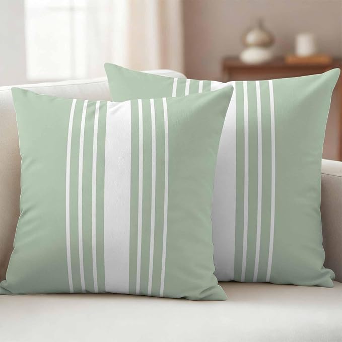 Sage Green White Stripe Outdoor Pillow Covers 26x26 Inch Throw Pillow Covers Set of 2 Waterproof Decorative Pillow Cases Modern Rustic Vertical Striped Cushion Covers for Patio Furniture Garden Couch