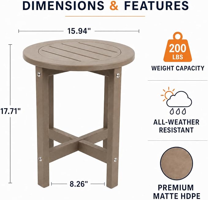 18" Outdoor Round Small Side Table, Patio End Table for Outside, Bar Height Patio Table for Backyard, Garden, Deck, Porch, Indoor Companion, Easy Maintenance