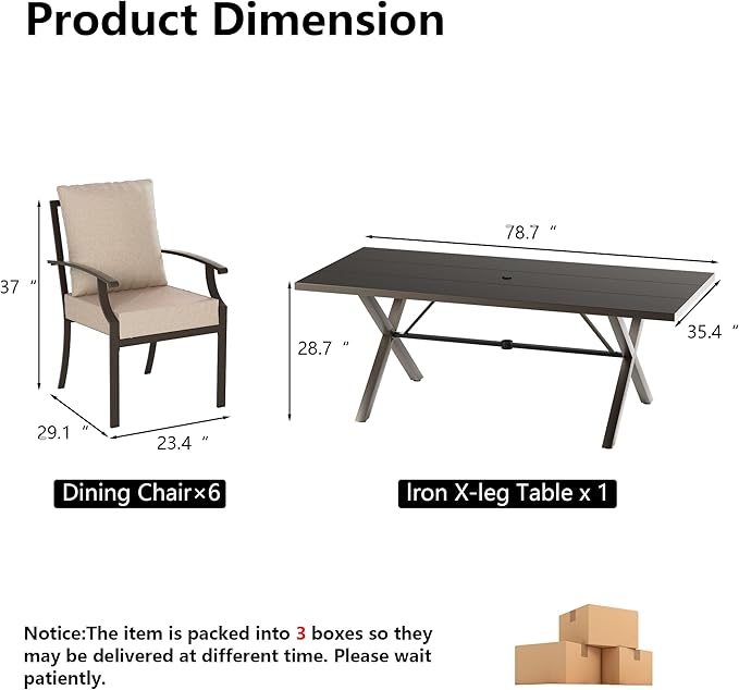 Kullavik 7 Pieces Outdoor Dining Set,Patio Dining Table and Chairs Set for 6,Fence Pattern Back Chairs with Thickened Cushions & Rectangular Metal Dining Table with Umbrella Hole for Patio,Sand
