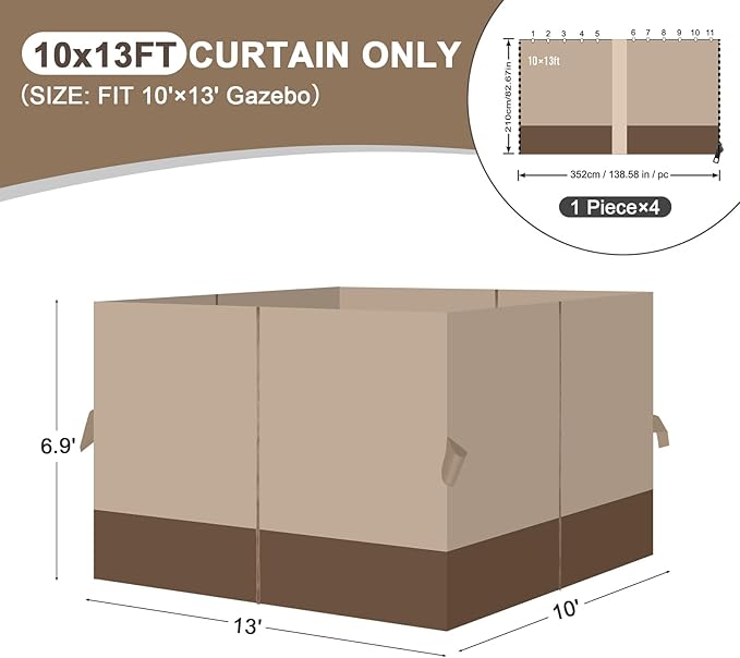 Aoodor 10x13 ft Outdoor Gazebo Curtains, 4 Panels Waterproof Privacy Sidewall Replacement with Zipper for Patio Pergola and Canopy, Sand Yellow and Brown