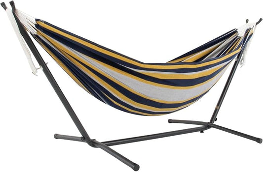 Vivere Double Cotton Hammock with Space Saving Steel Stand, Upgraded Polyester End Strings 450 lb Capacity - Premium Carry Bag Included - USA Grown Cotton (Serenity)
