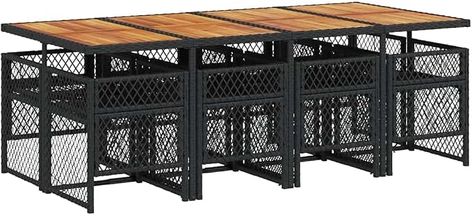 Modern 9-Piece Garden Dining Set with Black PE Rattan and Solid Acacia Wood, Foldable Design for 8 People, Comfortable Cream Cushions for Patio or Balcony