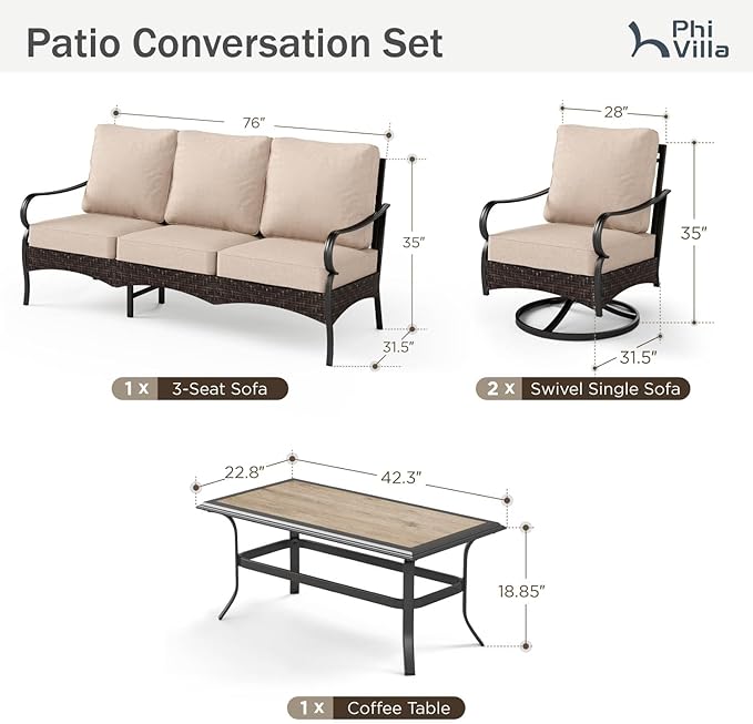 PHI VILLA Outdoor Modern Patio Furniture Set, Upgraded Wicker & Metal Patio Furniture Conversation Set with Waterproof Thick Cushions for Porch, Poolside, Yard (4 Pieces,Beige)