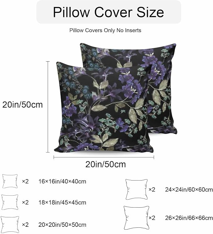 Purple Green Flower Leaf on Black Outdoor Pillow Covers 18x18in Pack of 2 Waterproof Pillowcase Retro Plant Oil Painting Decorative Throw Cushion Case for Patio Couch Sofa