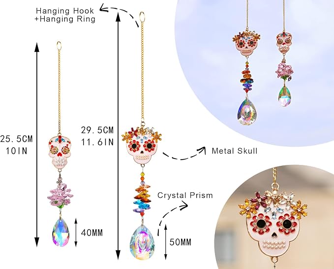 2 Pcs Skull Rhinestone Crystal Pendant Chandelier Suncatcher Hanging Decor | Crystal Bead Chain Suncatcher with Skull Rhinestone Pendant for Chandelier Window Wedding Party Decor Accent