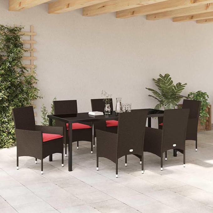 7-Piece Outdoor Dining Set with Cushions, Brown PE Rattan Garden Table and 6 Chairs, Weather-Resistant Patio Furniture for Backyard, Deck, and Kitchen