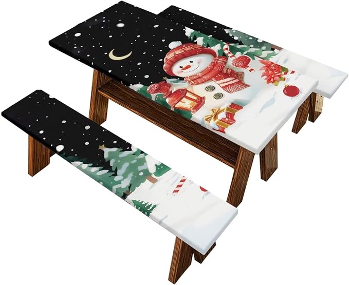 Snowman Picnic Table Cover with Bench Covers Elastic Edges, Rectangle Fitted Christmas Table Cover, Outdoor Patio Camping Essentials 72 Inch 3PCS, Waterproof Camping Fitted Tablecloth