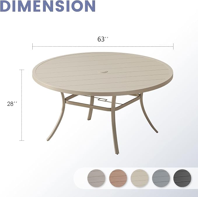 VICLLAX 63" Round Patio Table, Outdoor Dining Table for 8-10 with Umbrella Hole for Garden Lawn Deck Backyard, Sandshell