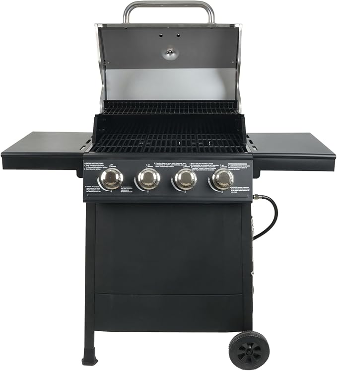 Grill Boss 4-Burner Outdoor Propane Gas Grill with Side Shelves, Stainless Steel Lid, Push Ignition, Warming Rack, Wheels, Black