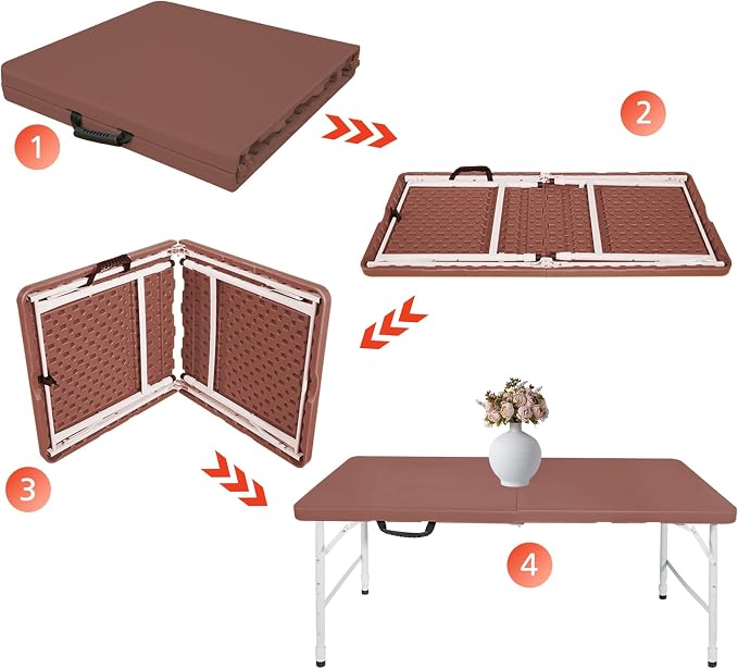 Portable 4Ft Folding Table, Heavy Duty Plastic Fold-in-Half Utility Foldable Table, Adjustable Height Plastic Folding Table with Carrying Handle for Camping &Party Indoor/Outdoor (Brown)