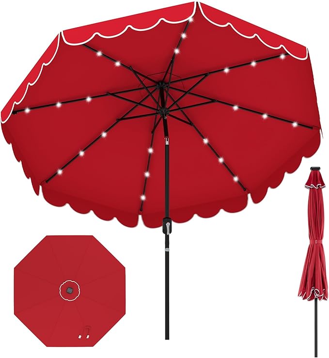 HAPPYGRILL 10 FT Patio Umbrella with Solar Lights, Market Sunshade with Ruffles, Vented Top, Tilt Adjustment & Built-in Crank, Outdoor Parasol Canopy for Backyard Poolside Deck Beach Lawn
