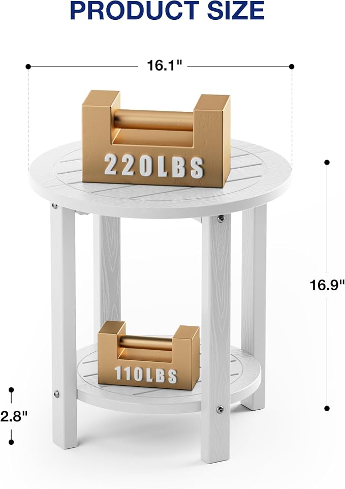 YEFU Outdoor Side Table for Patio: 16in HIPS Small Round Outdoor End Table - 2-Tier Adirondack Tables for Patio Porch Yard Poolside Living Room Beach Bedroom (White, 1 Pack)