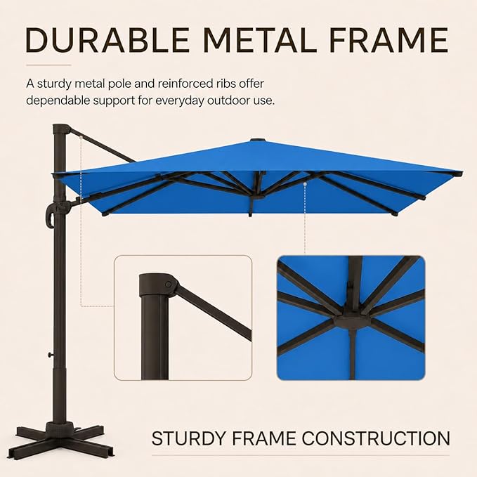Kingdura 10' X 10' Cantilever Patio Umbrella with Base Included, Large Square Aluminum Outdoor Offset Umbrella with 360-degree Rotation, 4 Position Tilt, UV Protection for Pool Deck Garden Patio (Royal blue)
