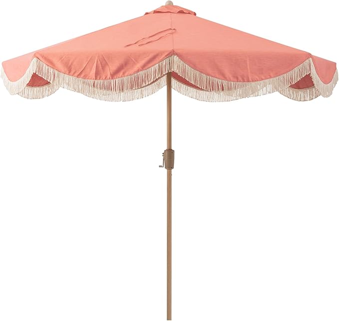 Tempera 9ft Auto Tilt Melon Red Scalloped Patio Umbrellas with Fringe, Outdoor Table Umbrellas with Fade Resistant Canopy,8 Sturdy Rids,Luxurious Vintage Umbrellas for Lawn,Pool,Balcony