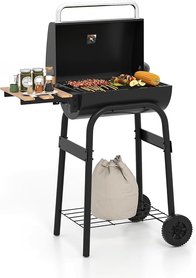 Happygrill Barrel Charcoal Grill, Outdoor BBQ Smoker Grill w/Foldable Side Table, Built-in Thermometer, Storage Shelf, Adjustable Air Vent, Portable Barbecue Grills w/Wheels for Camping & Picnic